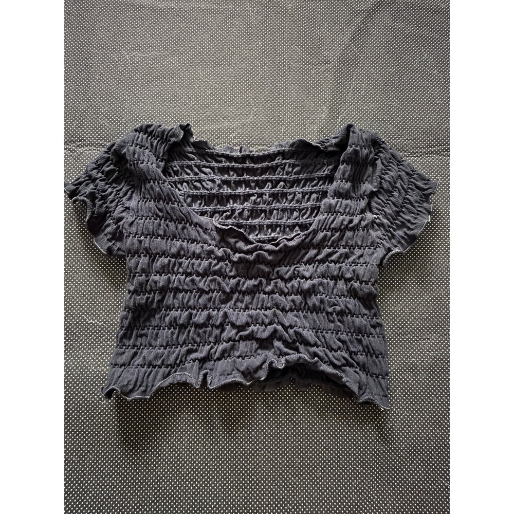 Anthropologie Smocked Crop Top Sz L/XL Lettuce Milkmaid Stretch Black Minimalist